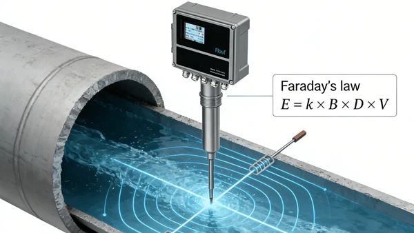 Working principle of an insertion electromagnetic flow meter measuring conductive liquid in a pipeline Working principle of an insertion electromagnetic flow meter measuring conductive liquid in a pipeline