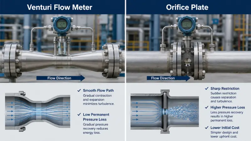 Venturi flow meter vs orifice plate comparison showing pressure loss and flow restriction Venturi flow meter vs orifice plate comparison showing pressure loss and flow restriction